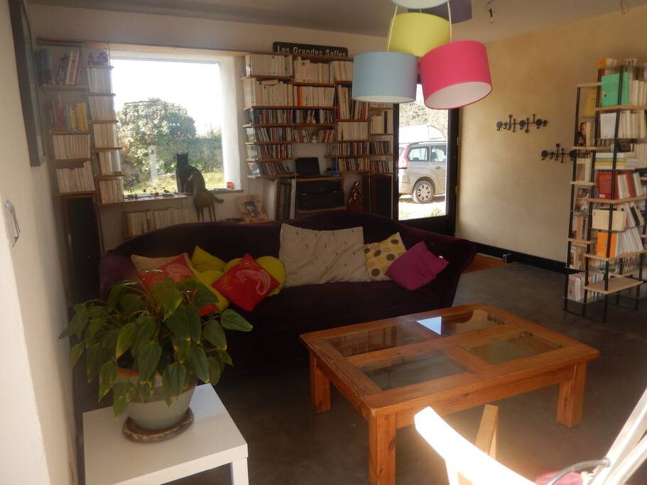 Coin salon de la pièce principale. Grande bibliothèque, livres pour enfants, CDs, BDs et petit ordianteur branché sur une ampli pour écouter la radio, Deezer, ....