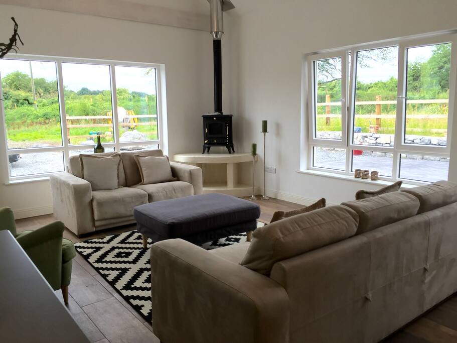 Living room with wood burning stove.
