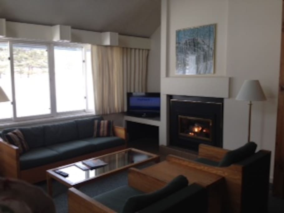 A lovely living room with gas fireplace and flat screen cable tv