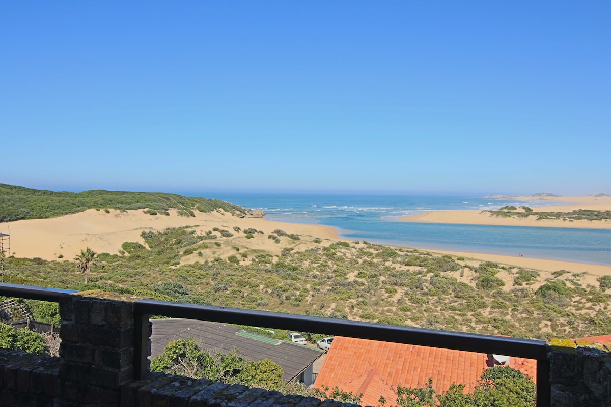 A scenic view of the coastline is presented, featuring sandy dunes and lush greenery. The river meets the sea in the distance, with a clear blue sky overhead. The image highlights the natural landscape from a raised vantage point, enhancing the tranquil atmosphere.