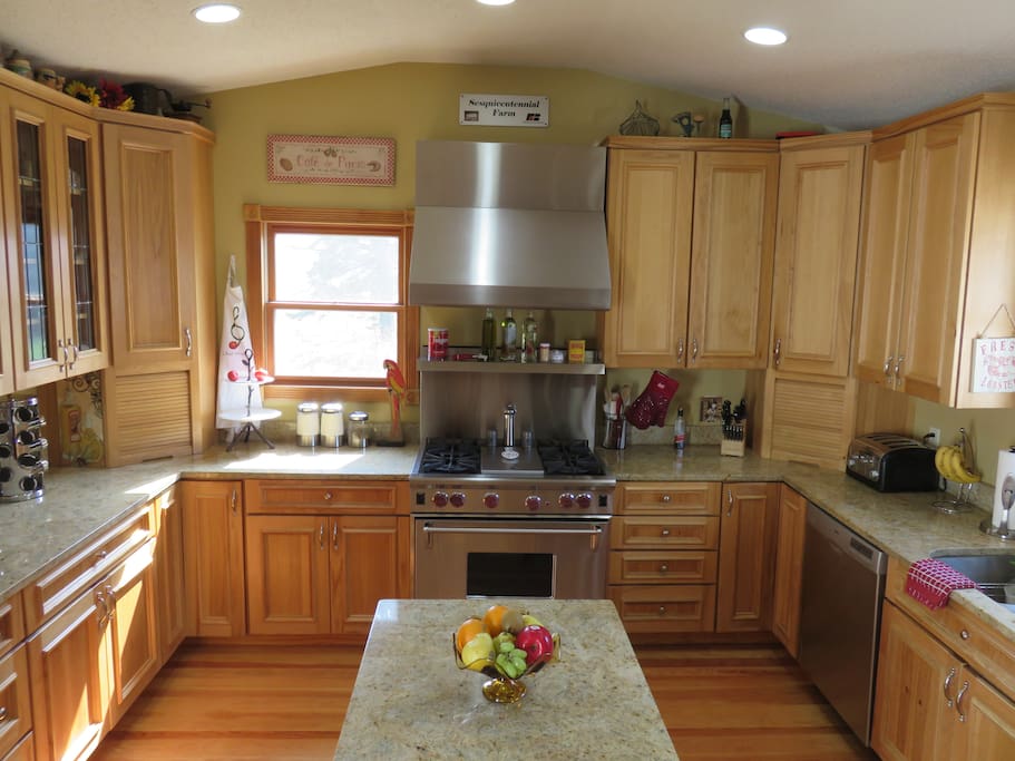 Kitchen with Wolf commercial gas range stove/oven and center island