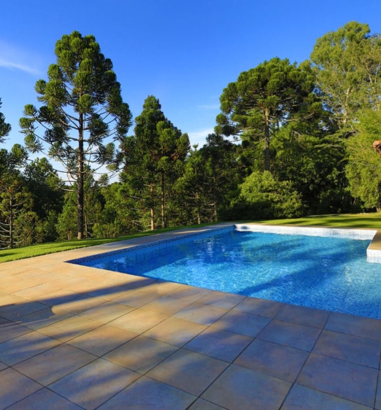 A serene swimming pool is set against a backdrop of tall pine trees and clear blue skies. The pool features a spacious tiled area, ideal for relaxation and enjoying nature. Natural light reflects on the water's surface, creating a calming atmosphere.