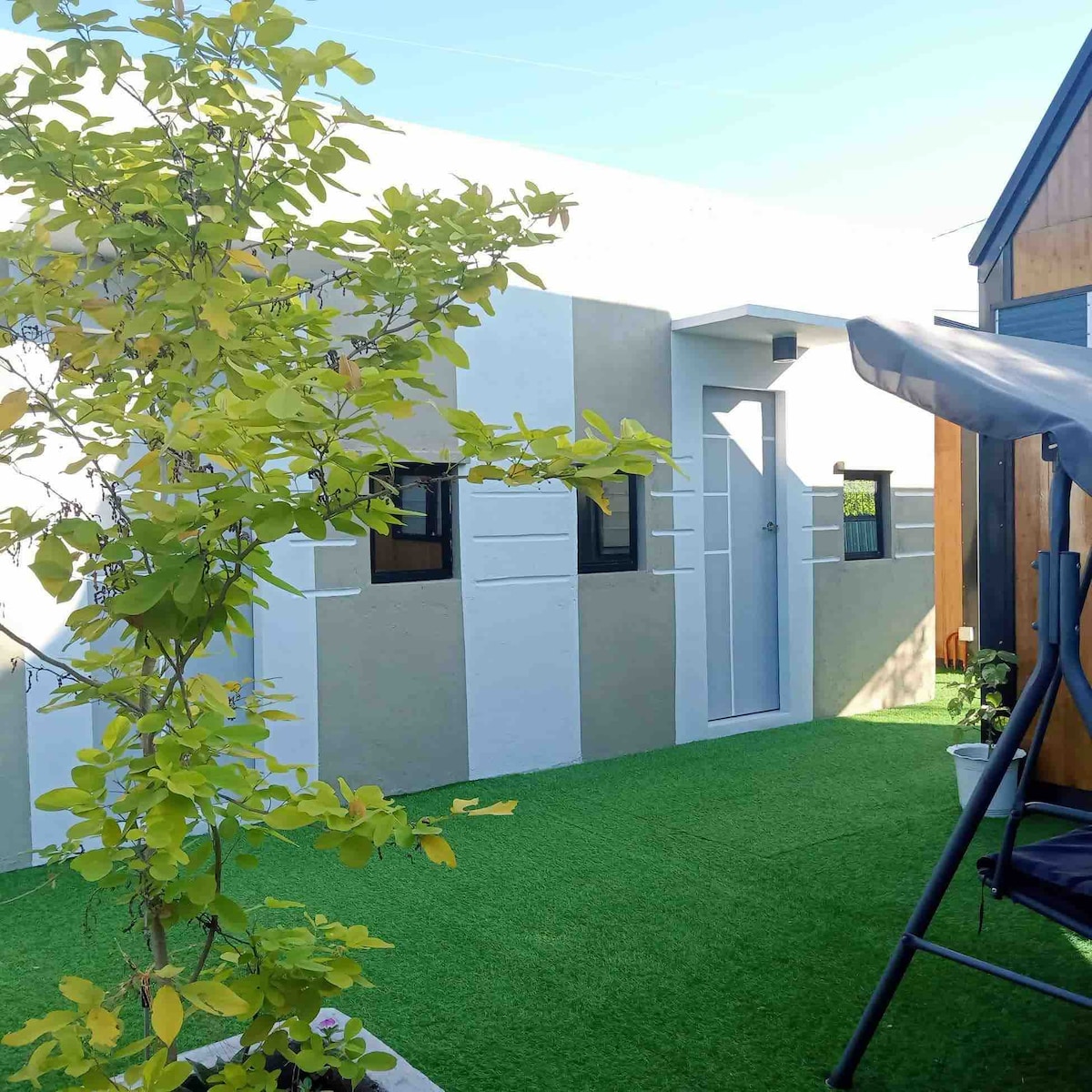 A serene outdoor area features a vibrant green lawn, with a small tree providing a refreshing touch of nature. The modern wall design showcases a mix of light and neutral colors, while a doorway is framed by windows that enhance the overall brightness of the space.