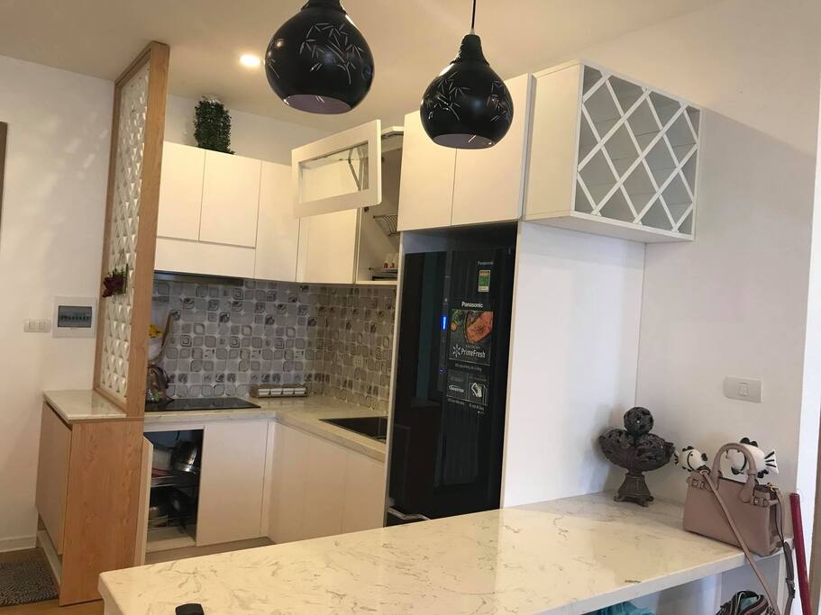 a small kitchen with full appliance package
