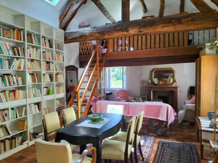 La Maison du Pécheur de Loire: في الطابق الأرضي ، تقيم الكاتدرائية مع مكتباتها وغرفة المعيشة الصغيرة (ويست غيبل)  مع إطلالة على اللوار البري. سرير أريكة (مكانان) يفصل غرفة المعيشة الصغيرة عن صالة المكتبة (منطقة تناول الطعام)