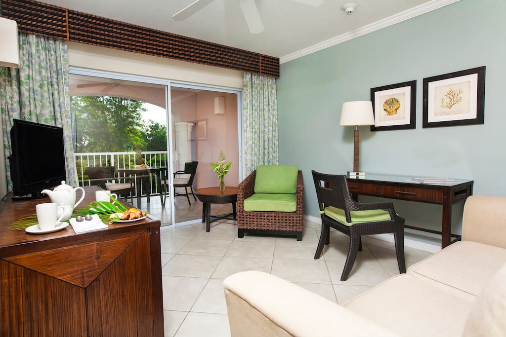 Living room also with pull out couch, flat screen TV & mini-fridge