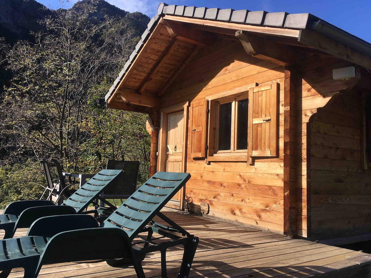 The wooden exterior of the chalet is showcased, featuring a sloped roof and dual windows. A spacious wooden deck is furnished with several reclining chairs, inviting relaxation while surrounded by nature. The backdrop features a mountainous landscape, enhancing the alpine atmosphere.