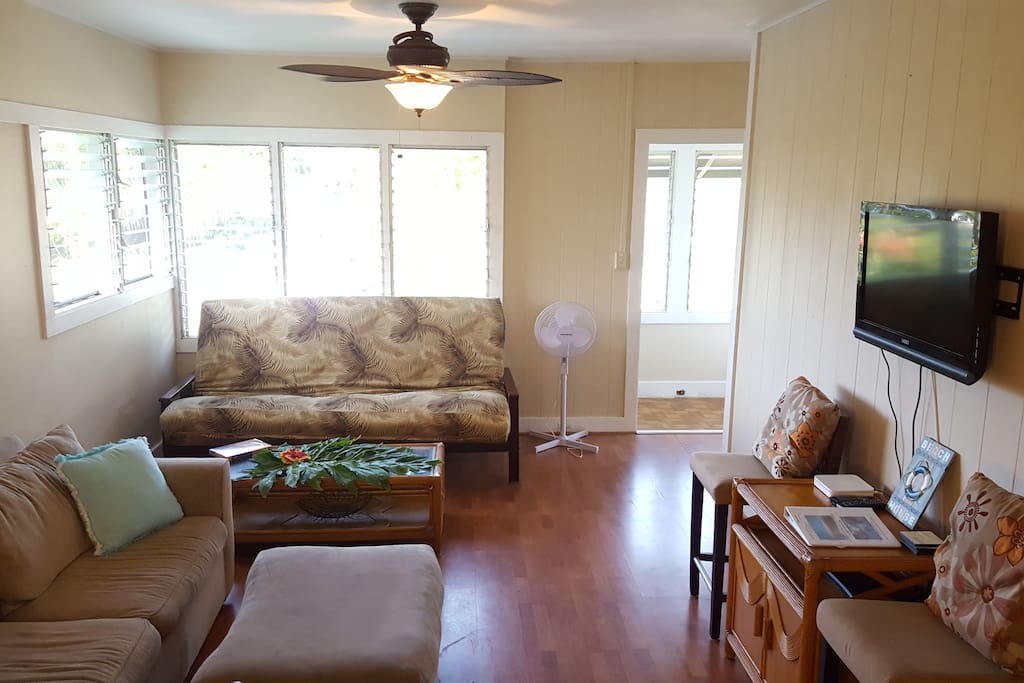 Living Room with Queen Futon and Pull Out Sofa.