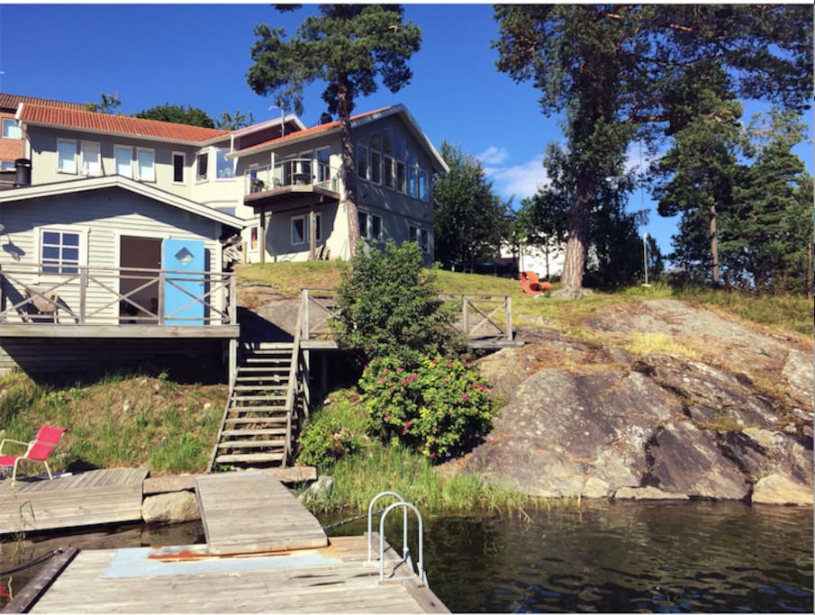 The house & sauna from our pier.