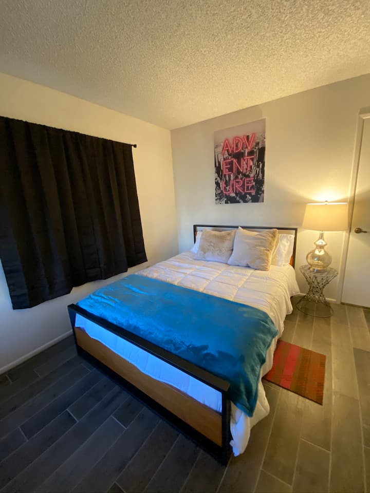 Large bedroom with brand new queen size memory foam mattress