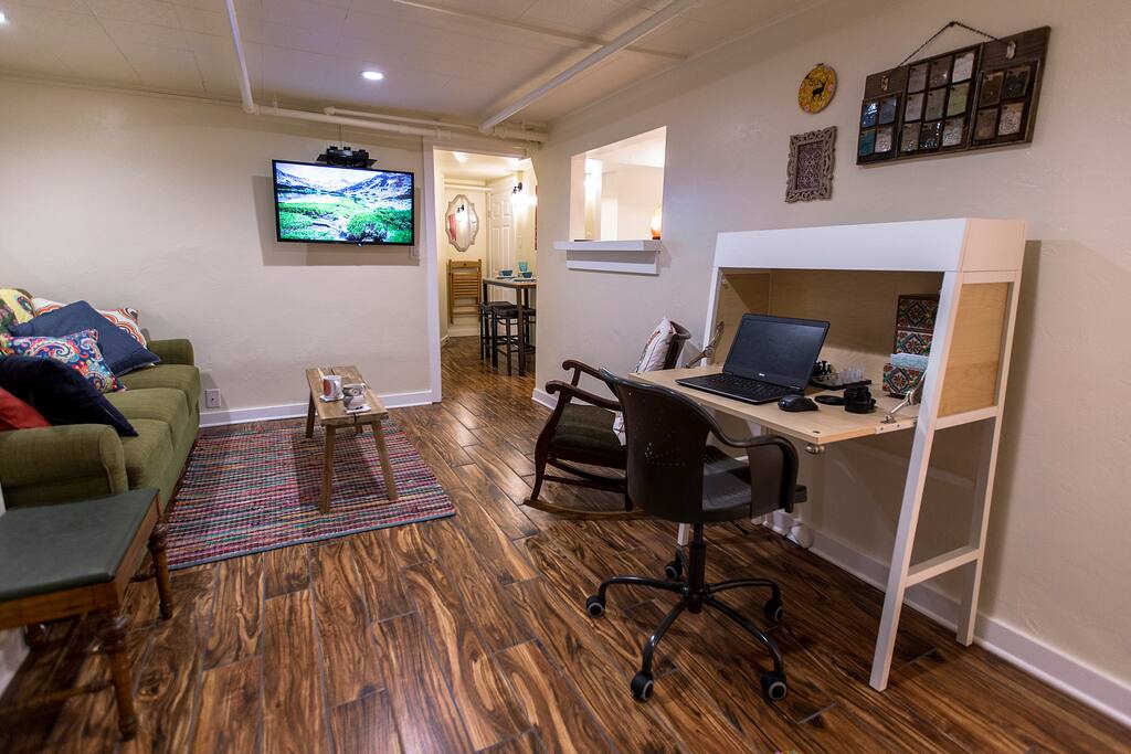 A private entrance takes you to the living room. In addition to the living room the apartment includes bathroom, full kitchen, dining area, bedroom with a closet, and a unique dressing room.