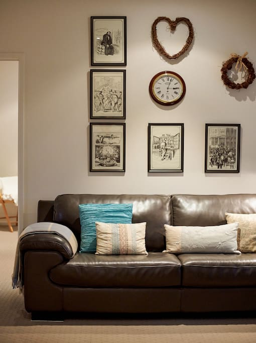 Plush leather sofa in the living room.