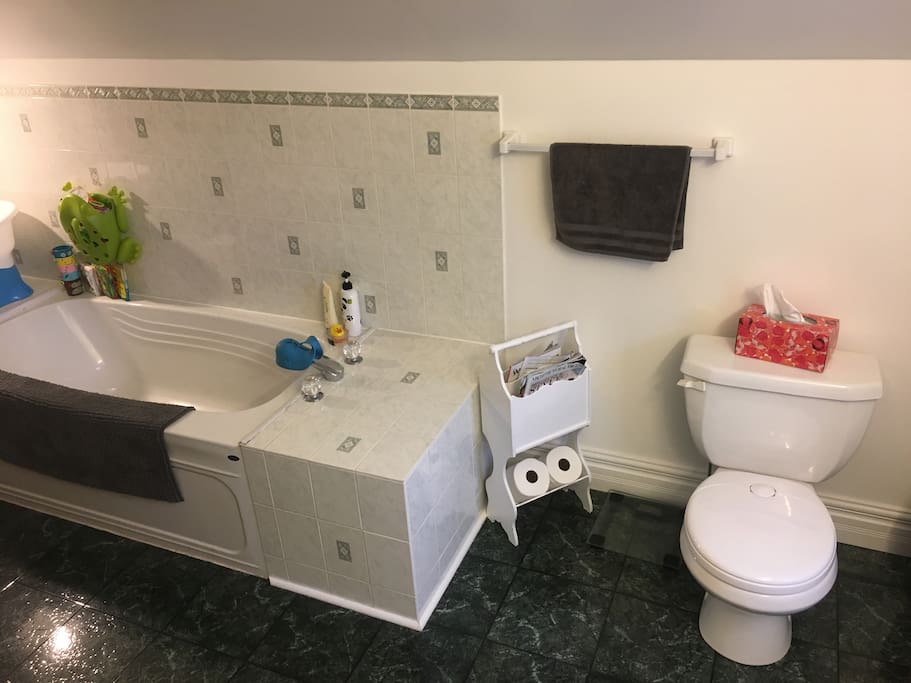 Upstairs Washroom
Features: large tub, standup shower, toilet, sink, children's bathmat