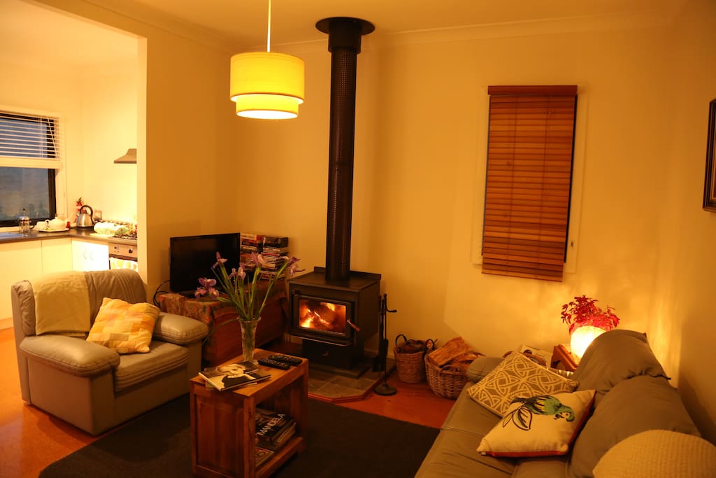TV, DVDs, wood fire, electric heater and lounge chairs.