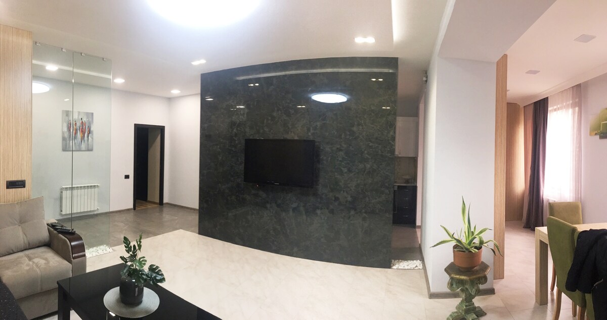 A modern living area is highlighted by a large green marble wall, featuring a mounted television. Soft lighting illuminates the space, complemented by contemporary furniture. A potted plant adds a touch of greenery to the interior, while a doorway leads to another room.