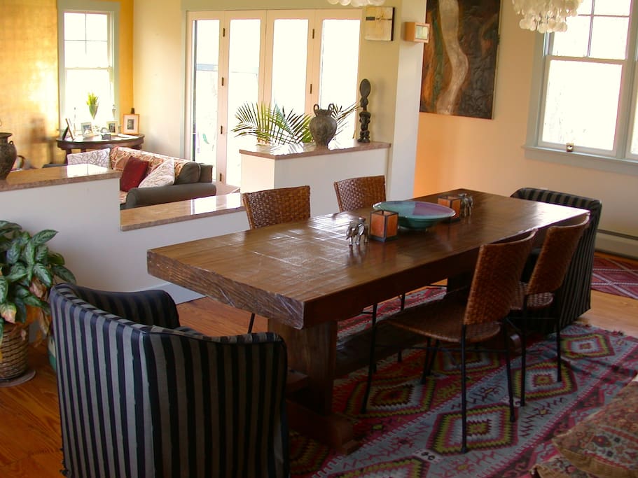 Dining looks over Living room. French doors to front deck. Comfortable seating for 6-8.