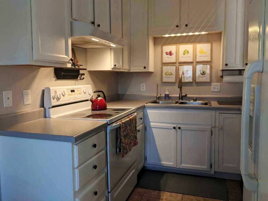 The clean and tidy kitchen is ready for preparing meals.