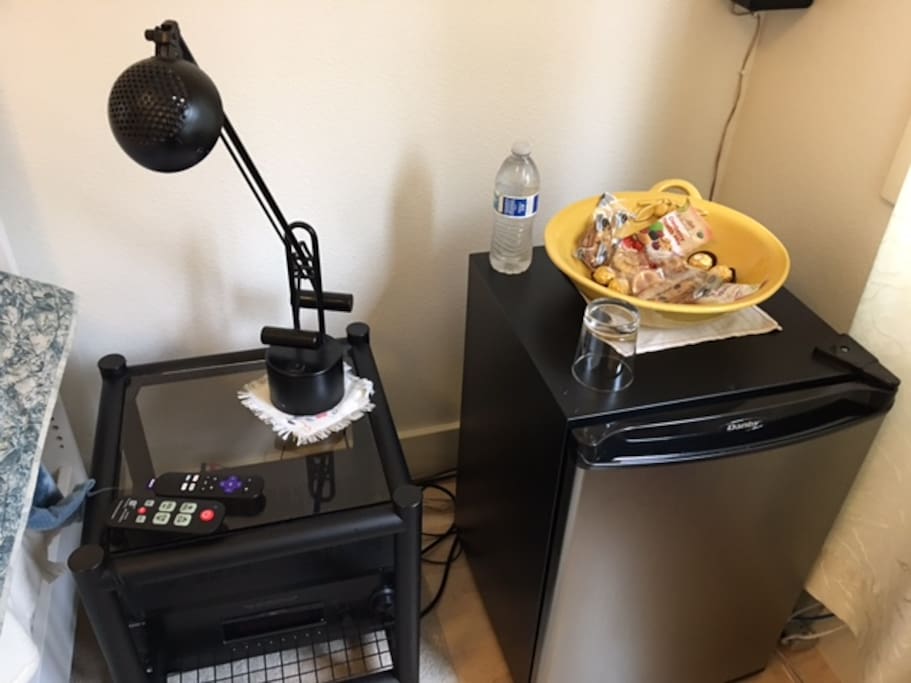 Personal refrigerator and snacks.