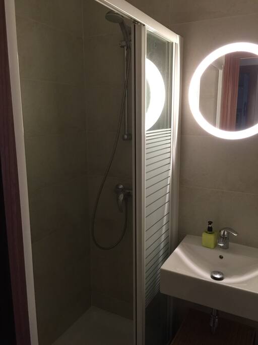 Full private bathroom with large shower stall
