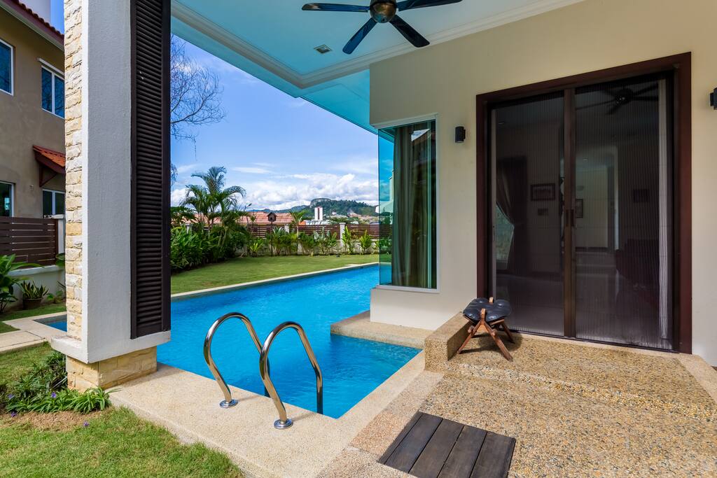 A view of the garden and pool