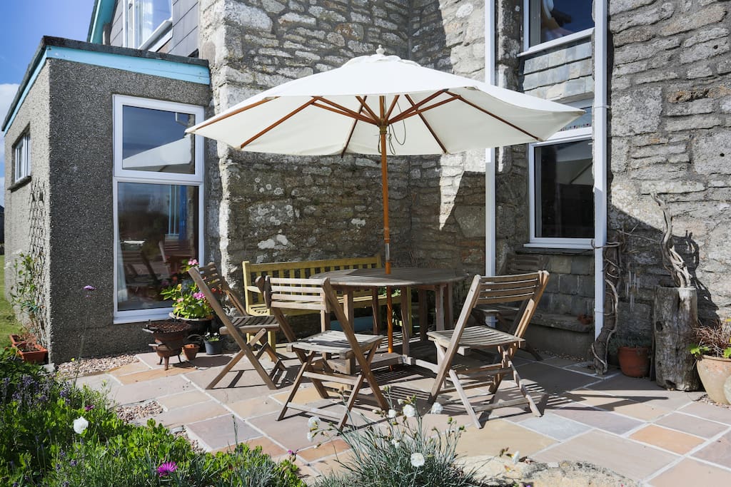 The south facing terrace at the front of the house, gets the sun throughout the day
