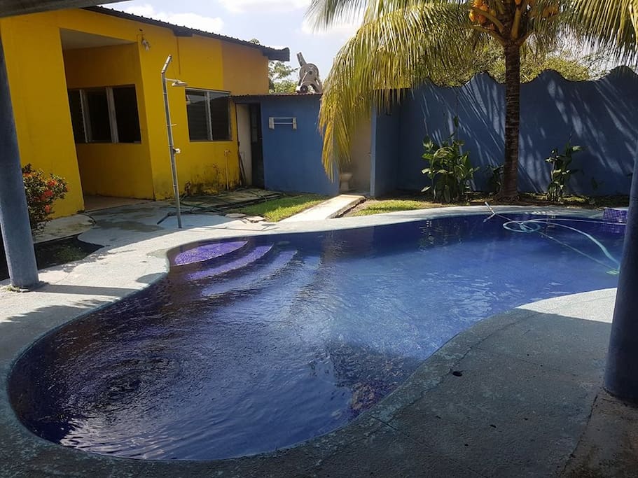 piscina y entrada a casa por parte trasera del jardin