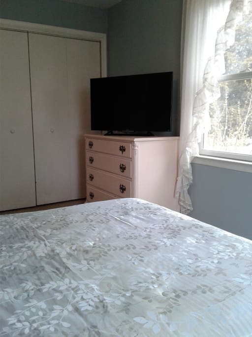 Large closet, dresser and flat screen tv with controller, WIFI