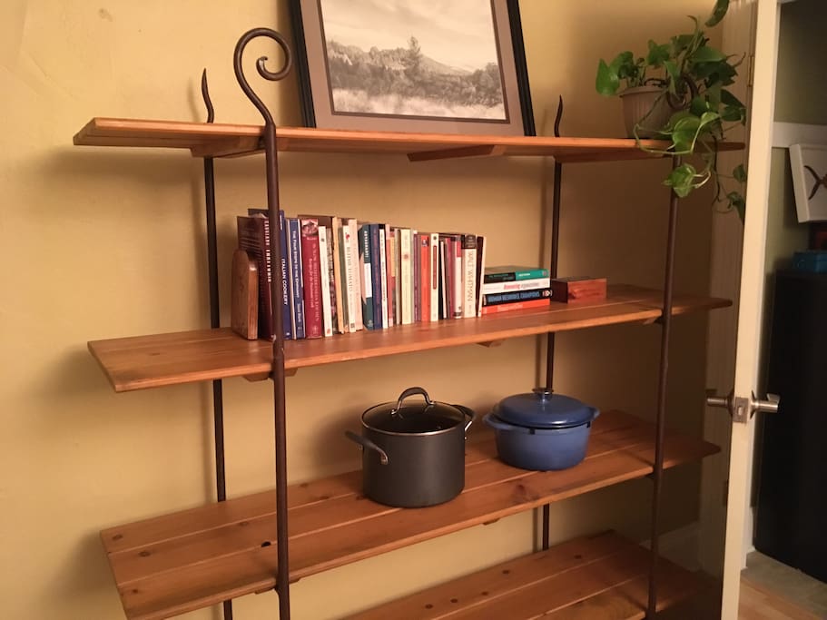 Handcrafted bookshelf and original charcoal drawing of the Sierra Nevada foothills.