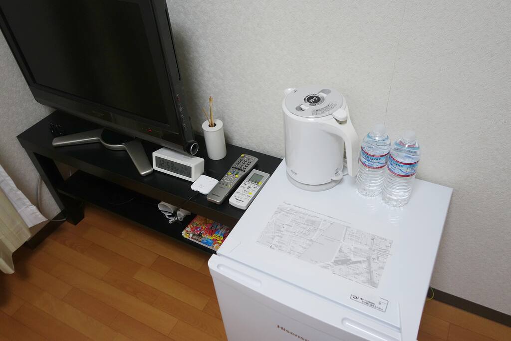 you can use hot water dispenser and refrigerator.