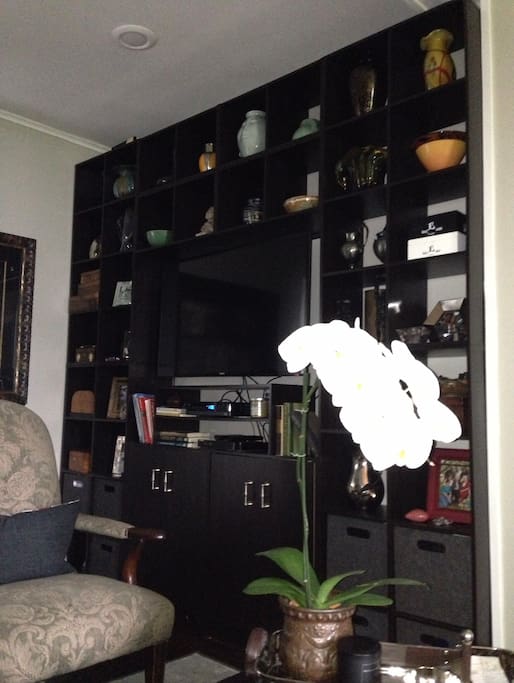 Central Air Fully Furnished with Collectibles, art glass and selection of books and movies.