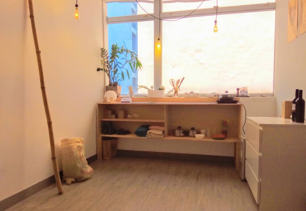 Overview of kitchen area of studio