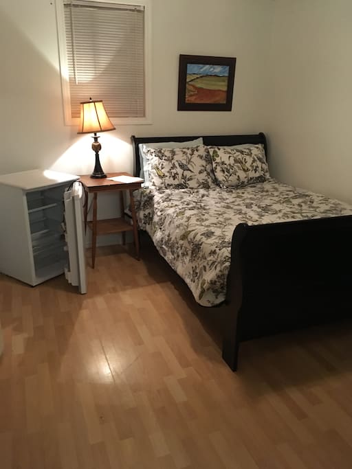Private Room with Queen Bed, all Bedding, Night Light, Night Stand, Paintings, Bar Fridge