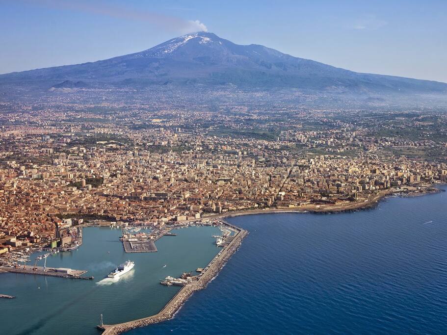 Aerial view of the volcano Etna and Catania