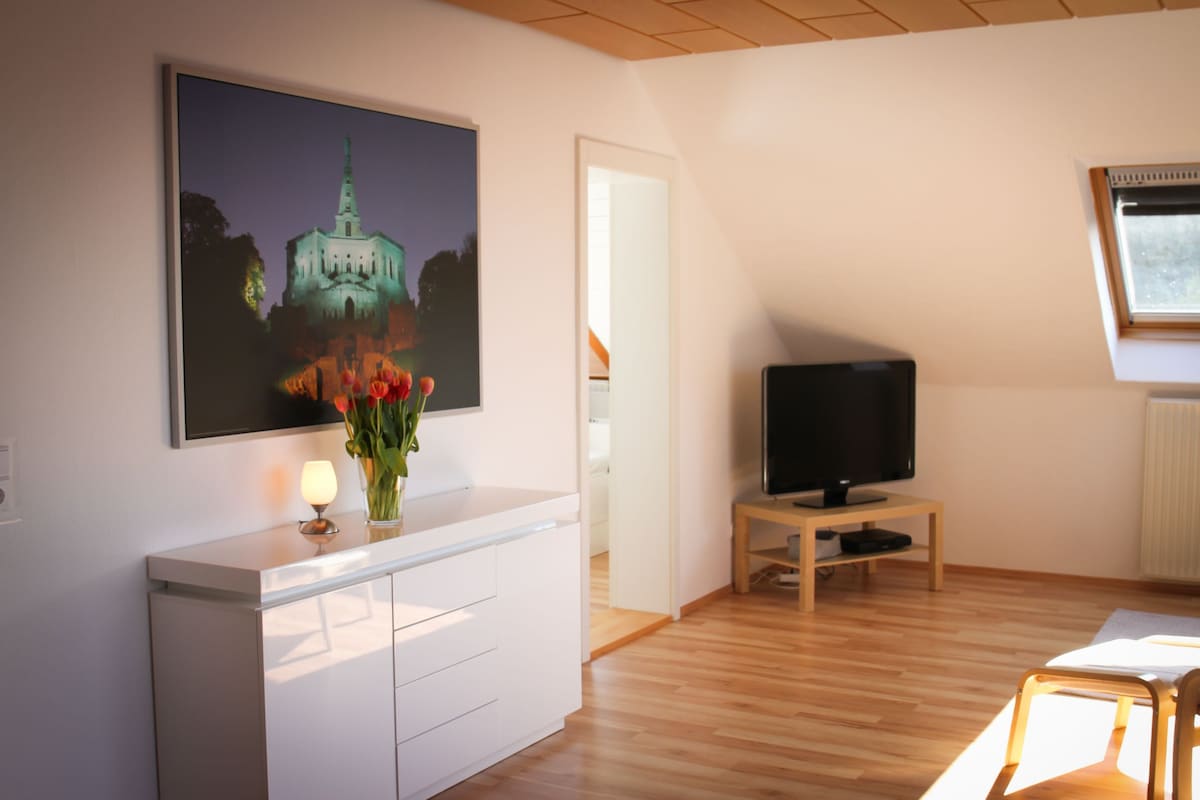 A bright interior features light wooden flooring and a minimalist dresser under a large artwork. A cozy seating area is present, accompanied by a television. Natural light filters through an attic window, enhancing the open feel of the room.