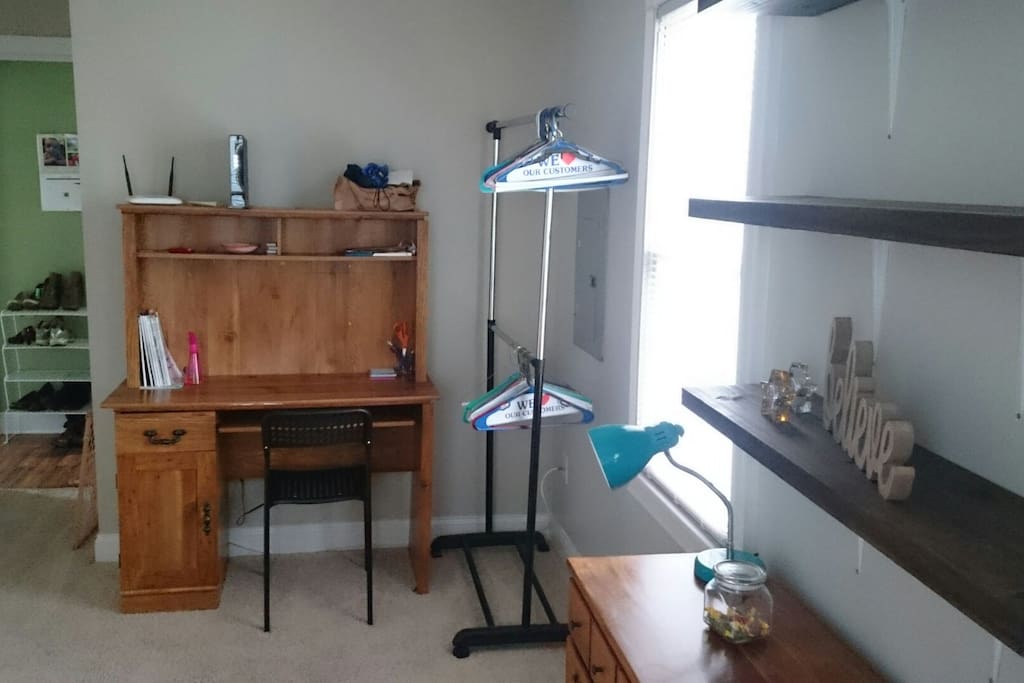 You can use the standing closet to hang your clothes. There are plenty of hangers.
The closet is full of my shenanigans.