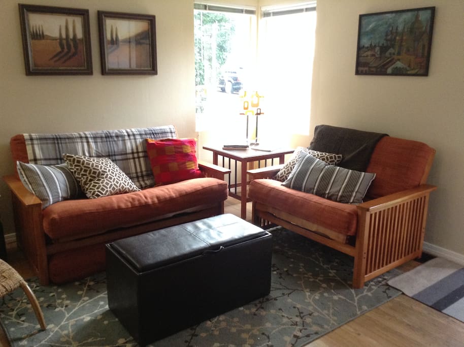Comfy living room. Large futon converts to comfortable double bed.