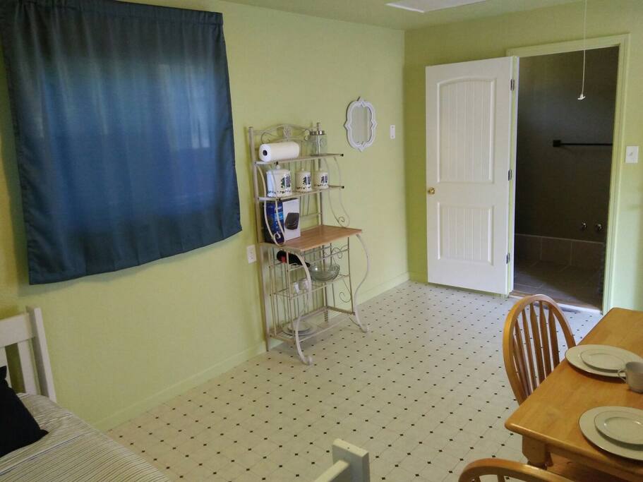 "kitchenette" area with hot plate, dishes, microwave and mini fridge (I took the pictures before some items were purchased).