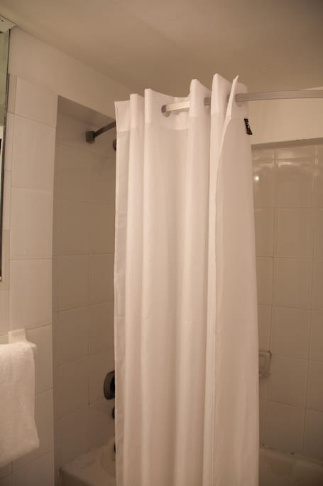 Shower curtains, towels, shampoo and body wash available for all guests on a daily basis.