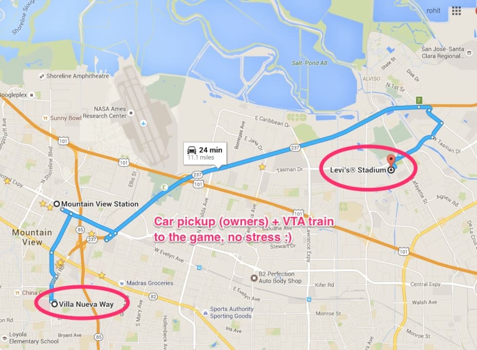 Mtn. View is the 'official' TRANSIT HUB to SB50. Easy, no stress w/ owners willing to pick/drop you to train station!