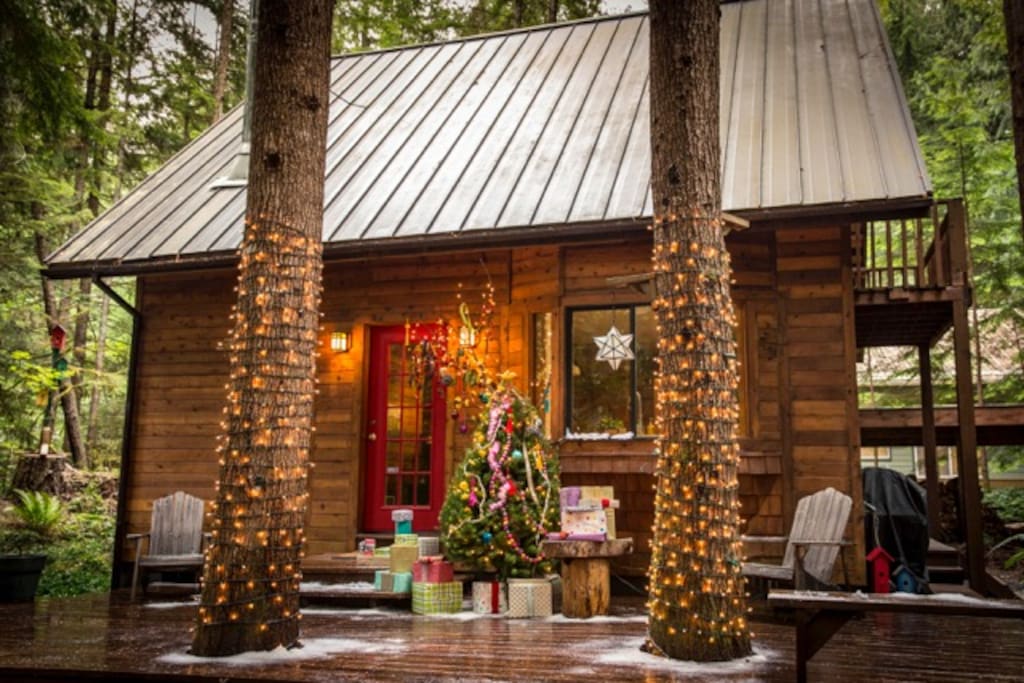 The cabin was used for a winter catalog photo shoot. Here it is all decorated for Christmas in July!