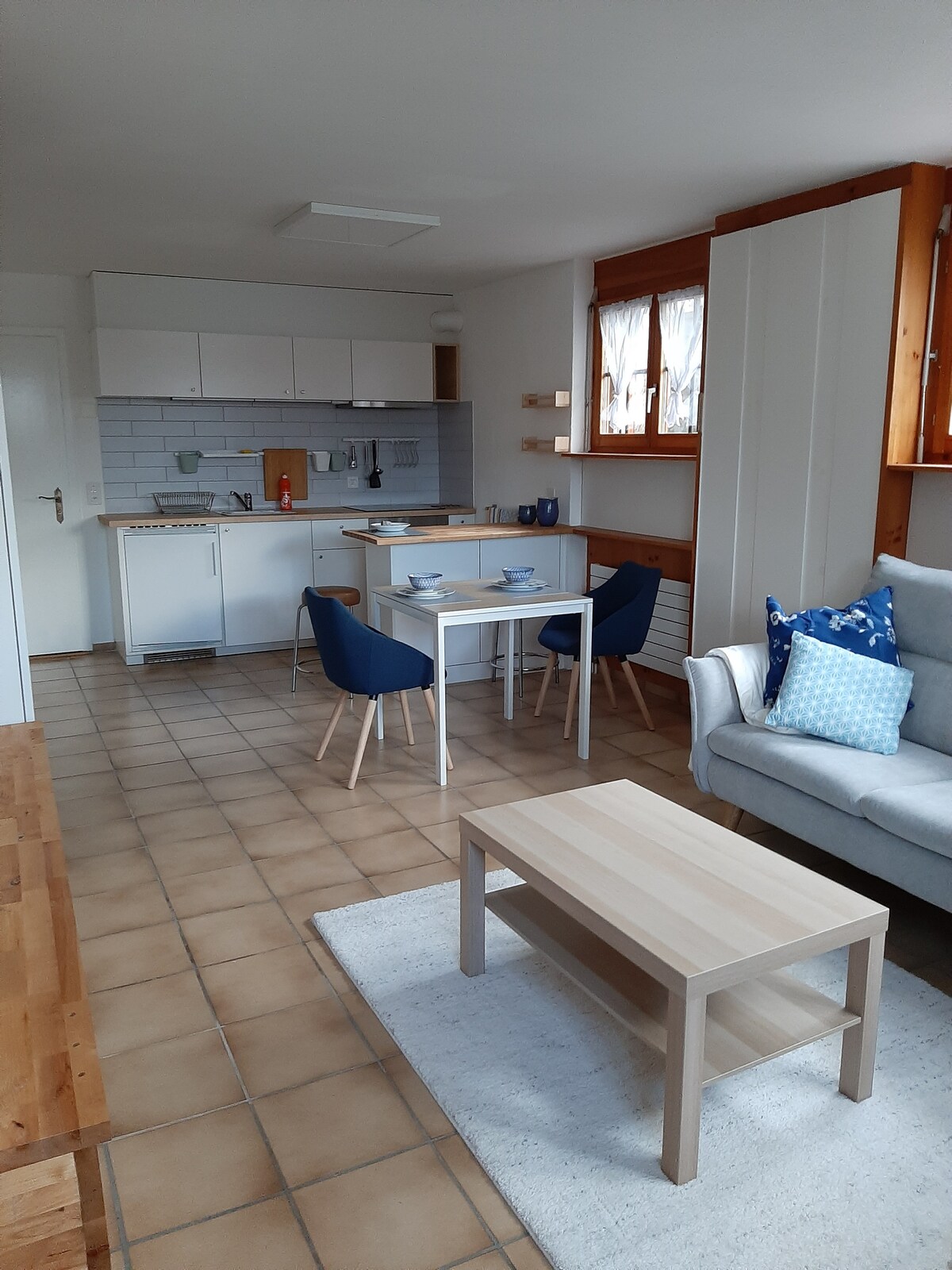 A spacious studio apartment is showcased, featuring a dining area with a small table and four chairs. The kitchenette is visible, equipped with essential appliances. A cozy seating area includes a light gray sofa adorned with decorative cushions, and a neutral rug lies beneath the wooden coffee table.