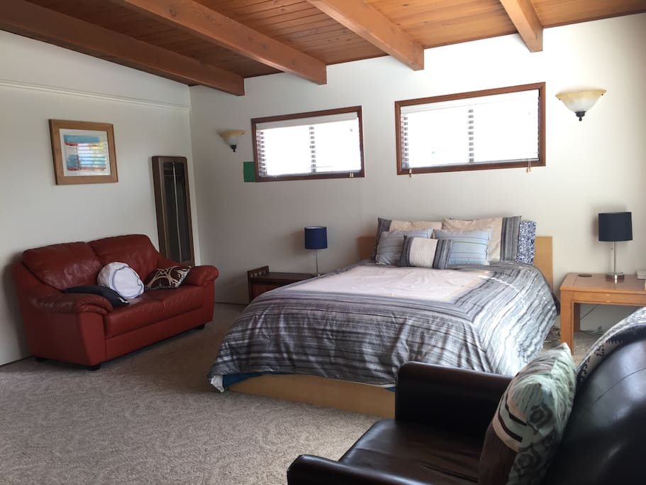 Bed area with a sofa. The wood ceiling brings warmth to the studio.