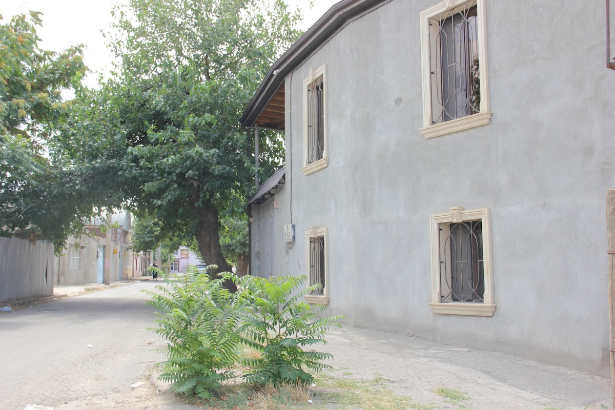 An exterior view of a stylish house is shown, featuring a curved gray facade with decorative window frames. Lush greenery surrounds the space, including a large tree providing shade. The weathered street is visible alongside the property, contributing to a serene neighborhood environment.