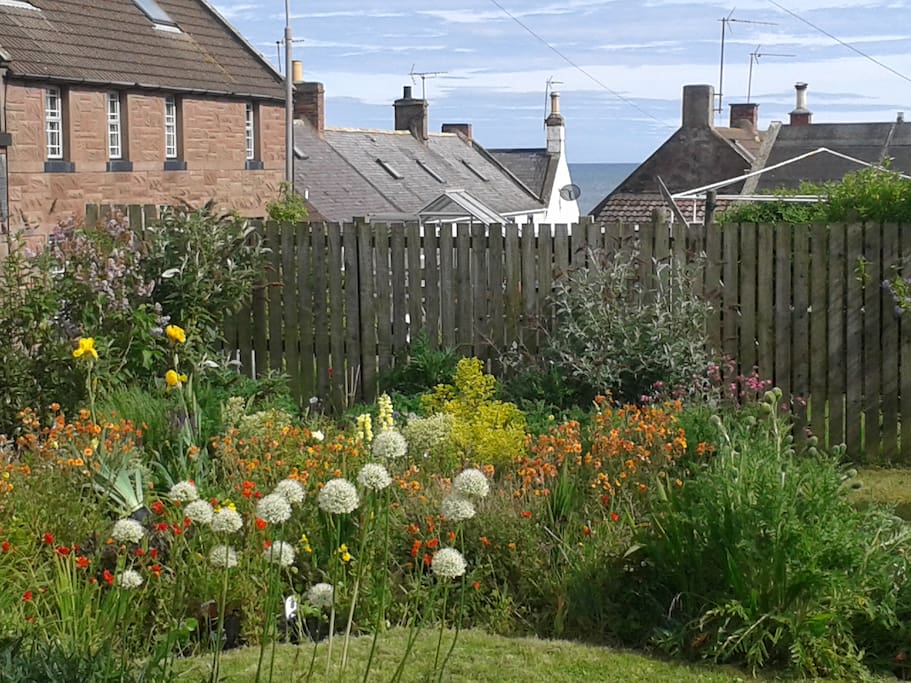 Sea views across the garden from the decking