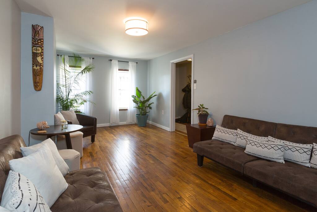 Main living room. The 2 futons can be converted to sleeprlers for large groups.