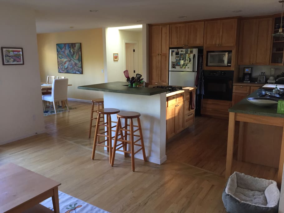 Open kitchen, living, dining & deck space.
