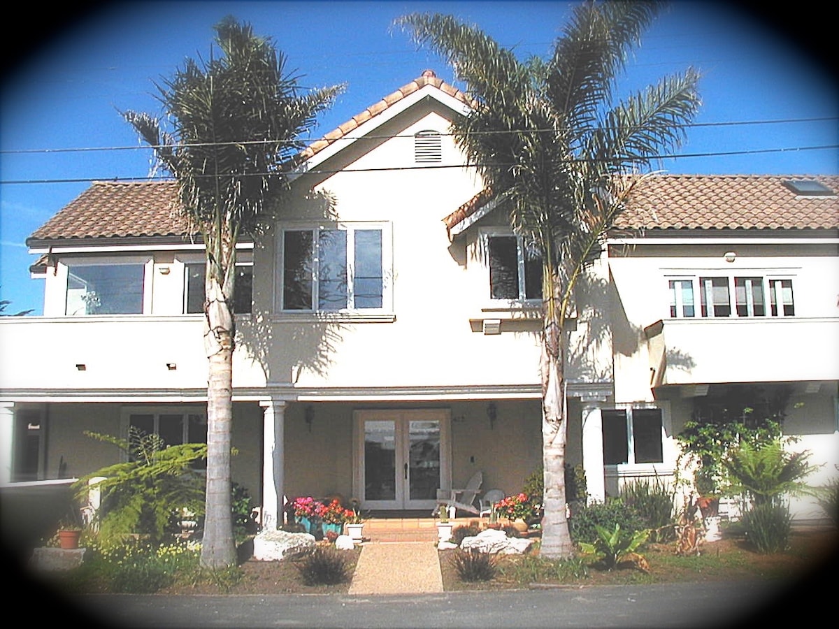 An upscale Mediterranean home is presented, featuring a welcoming entrance framed by two tall palm trees. The façade showcases large windows allowing natural light, while colorful plants and flowers enhance the outdoor space, leading to the front door along a stone pathway.