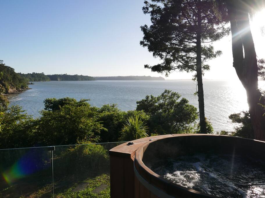 Relax in the spa and pool overlooking Manukau Harbour. Beautiful both during the day and at night.