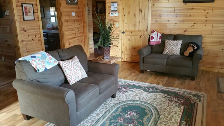 A comfortable living room notice the Knotty Pine walls.