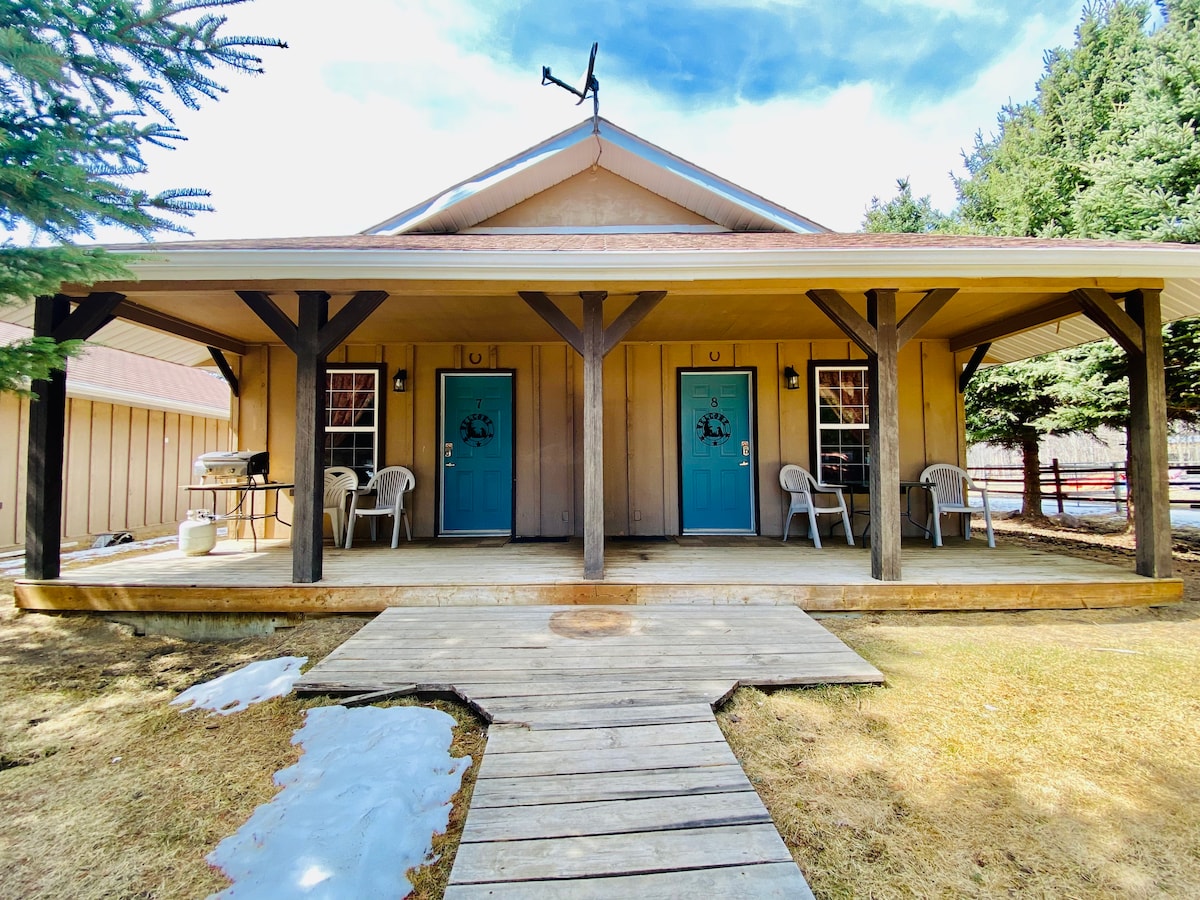 A duplex cabin features a spacious front porch with wooden decking and two blue doors. Two white chairs are positioned outside, framed by greenery. The structure is surrounded by grass, with patches of snow visible, and a weather vane mounted on the roof.